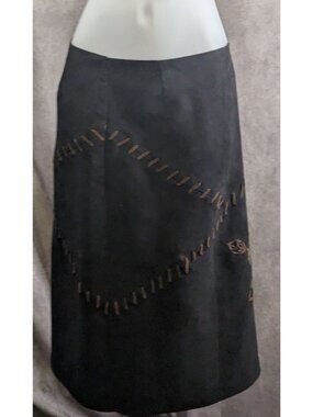 Vintage Richard Malcolm Black A-Line Skirt With Brown Stitch & Floral Applique